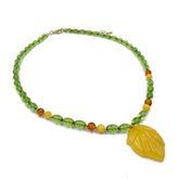 Multi-Color Amber Leaf Pendant Beaded Necklace 14K Gold Plated